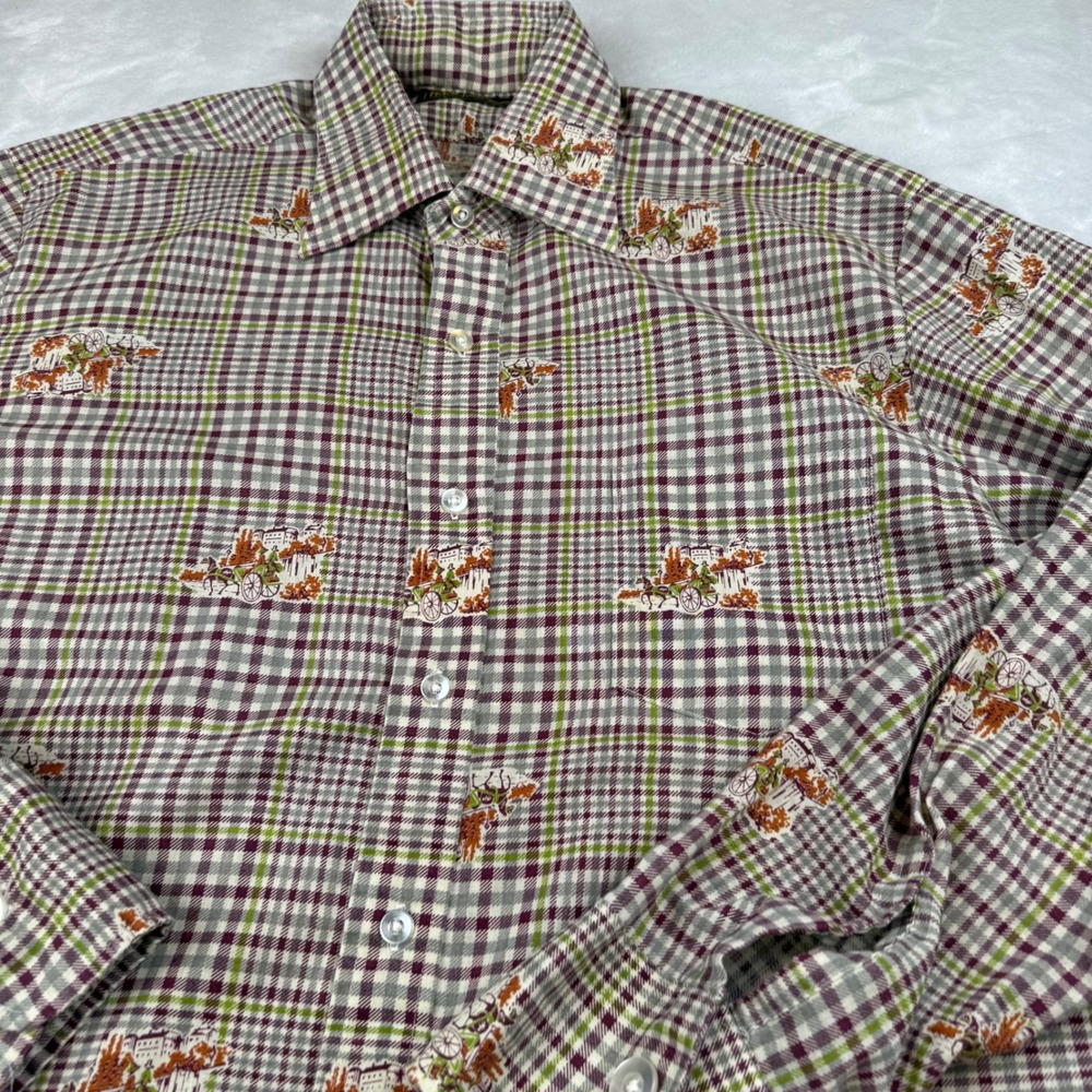 Vintage HIS Mens XL‎ Plaid Horse Carriage Print Button Up Shirt Tru Taper Fit - Picture 2 of 6
